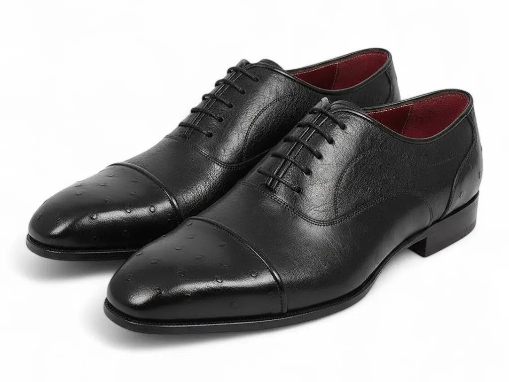 Paul Parkman Men's Black Genuine Ostrich Captoe Oxfords (ID#24XS-BLK) PAUL PARKMAN
