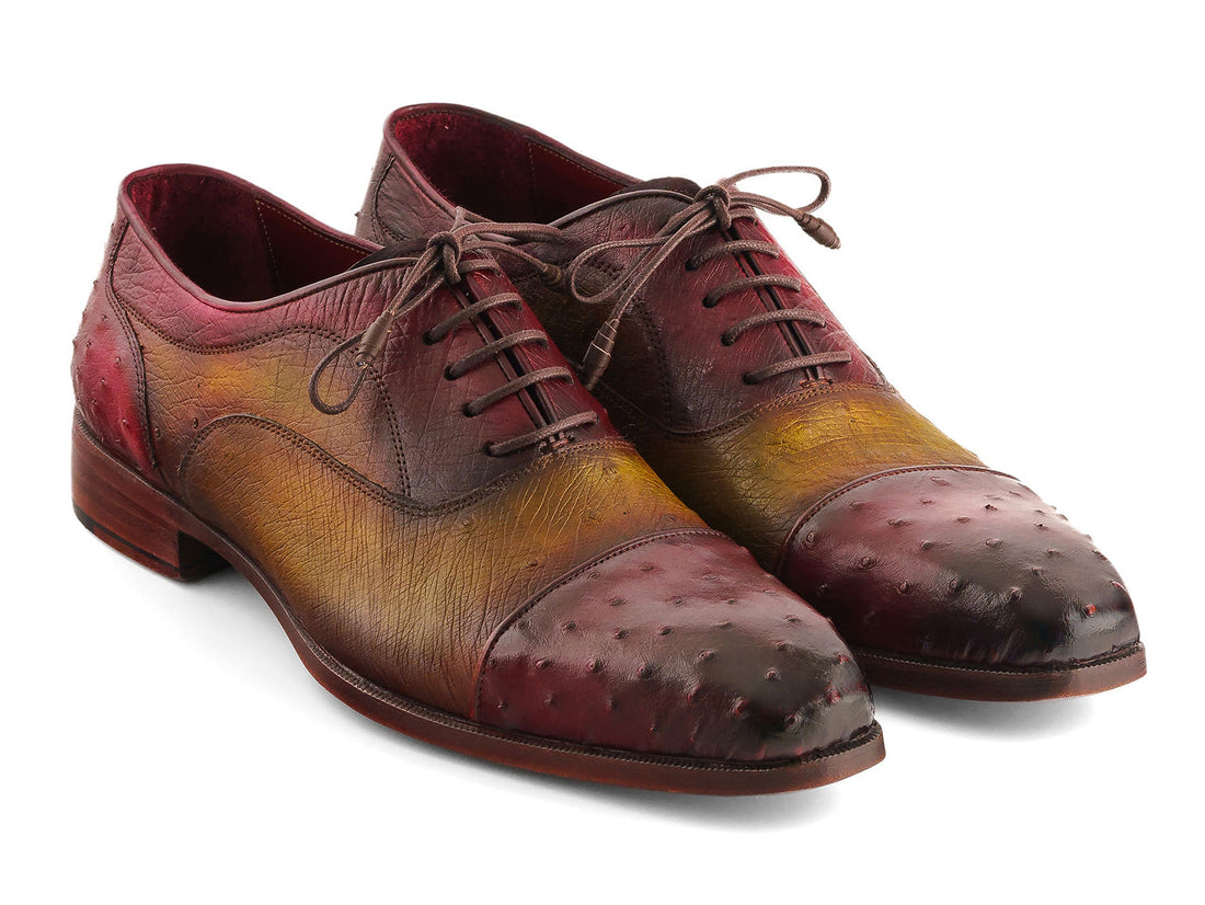 Paul Parkman Men's Genuine Ostrich Captoe Oxfords Green & Burgundy (ID#24XS11) PAUL PARKMAN