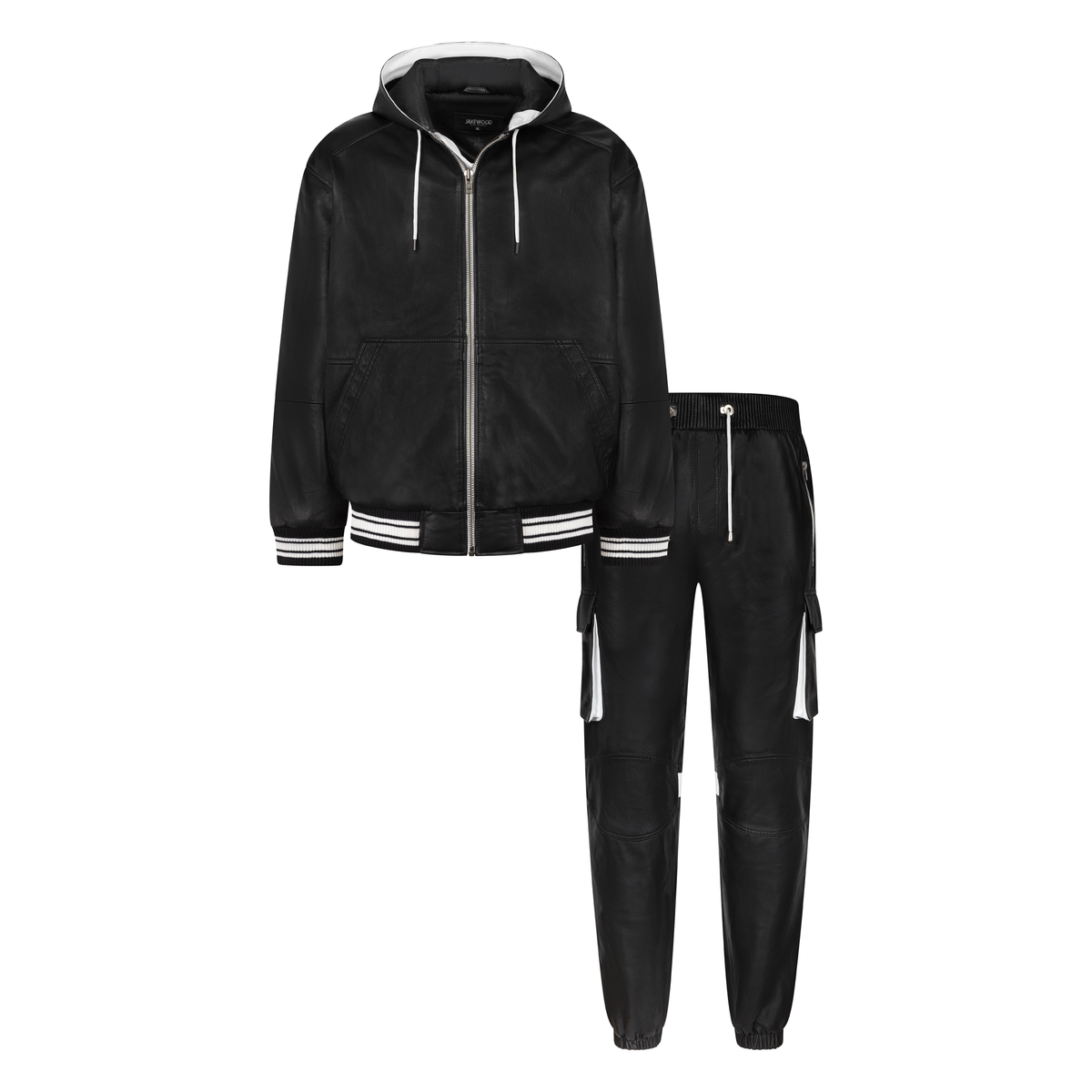 Jakewood 145 Black Genuine Lambskin Leather Hoodie/Jogger Cargo Pants Set