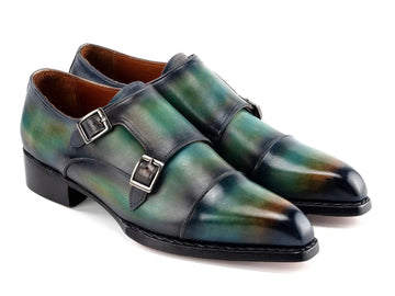 Paul Parkman Men's Green/Blue Patina Cap Toe Double Monk strap Shoes (ID#2598-5BG) PAUL PARKMAN