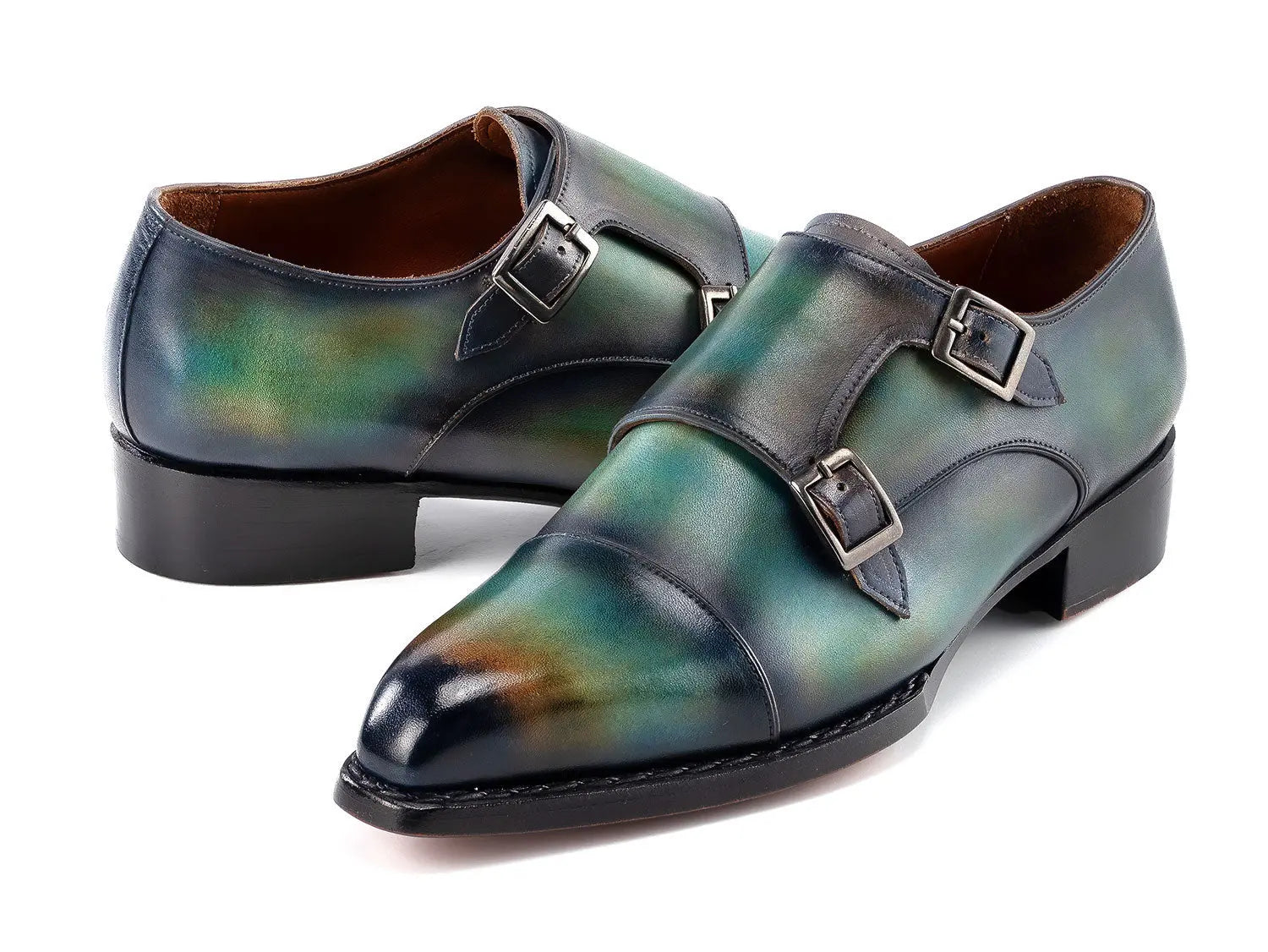 Paul Parkman Men's Green/Blue Patina Cap Toe Double Monk strap Shoes (ID#2598-5BG) PAUL PARKMAN