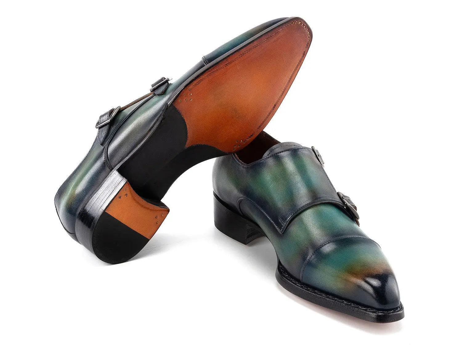 Paul Parkman Men's Green/Blue Patina Cap Toe Double Monk strap Shoes (ID#2598-5BG) PAUL PARKMAN