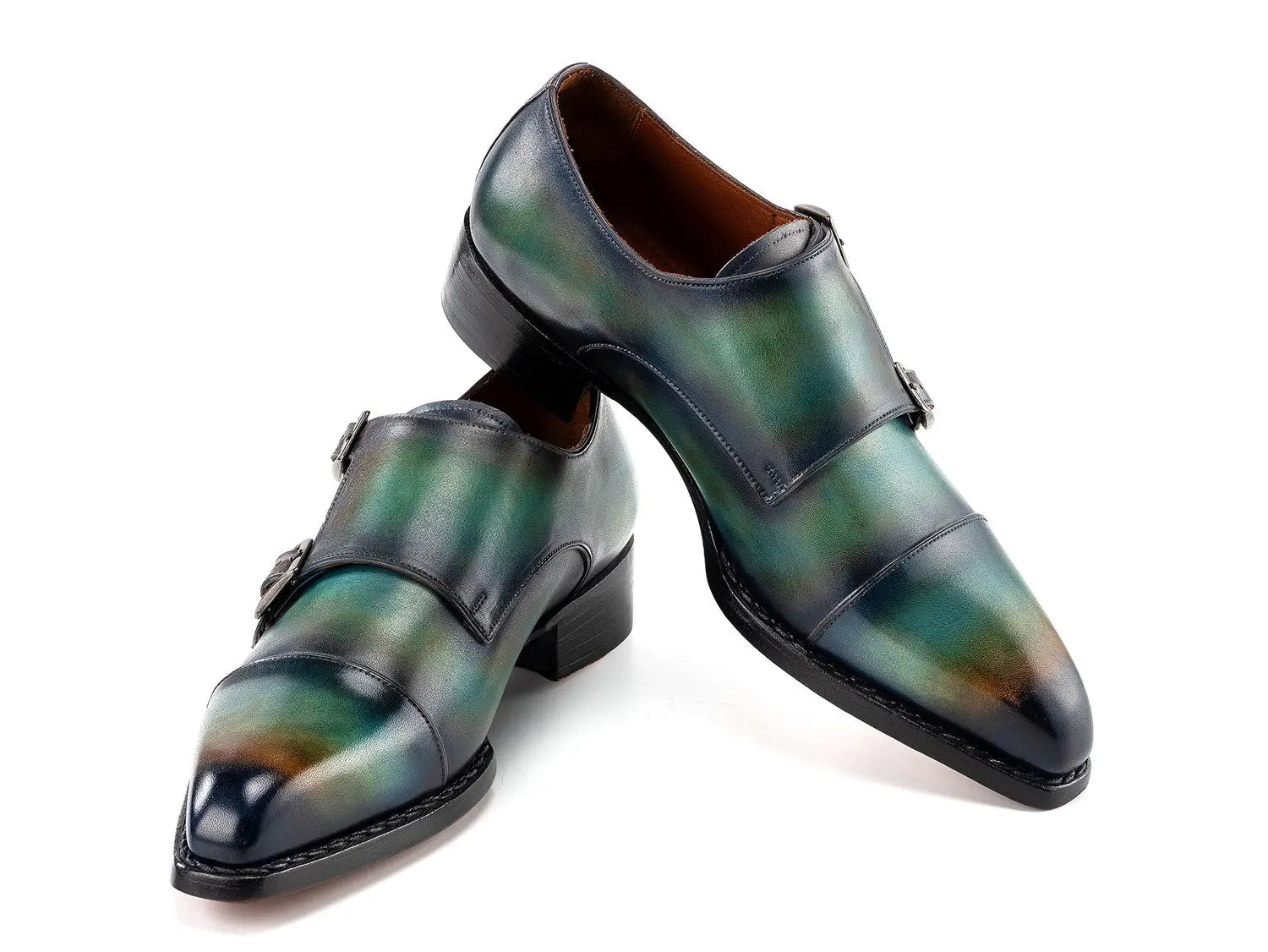 Paul Parkman Men's Green/Blue Patina Cap Toe Double Monk strap Shoes (ID#2598-5BG) PAUL PARKMAN