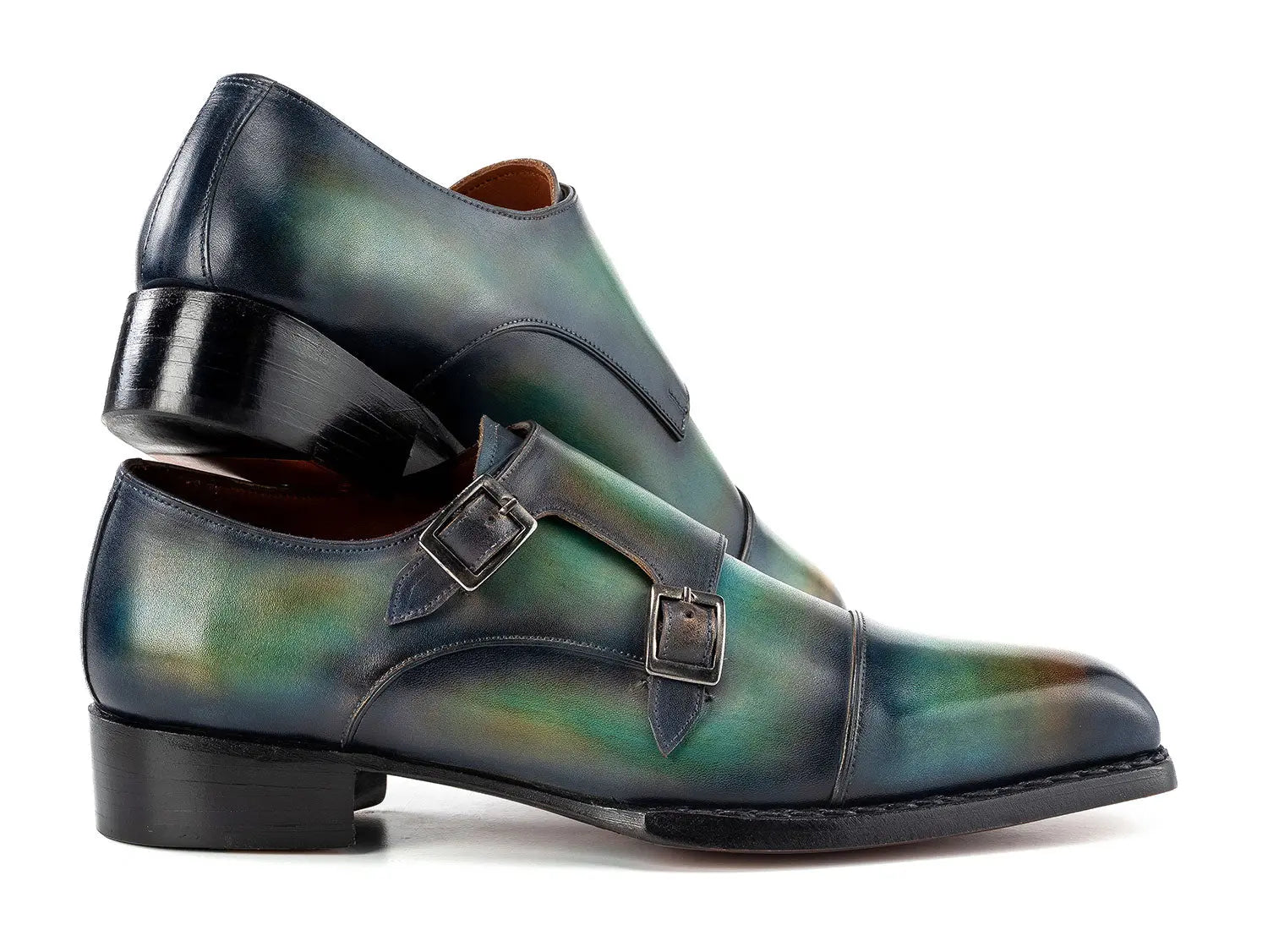 Paul Parkman Men's Green/Blue Patina Cap Toe Double Monk strap Shoes (ID#2598-5BG) PAUL PARKMAN