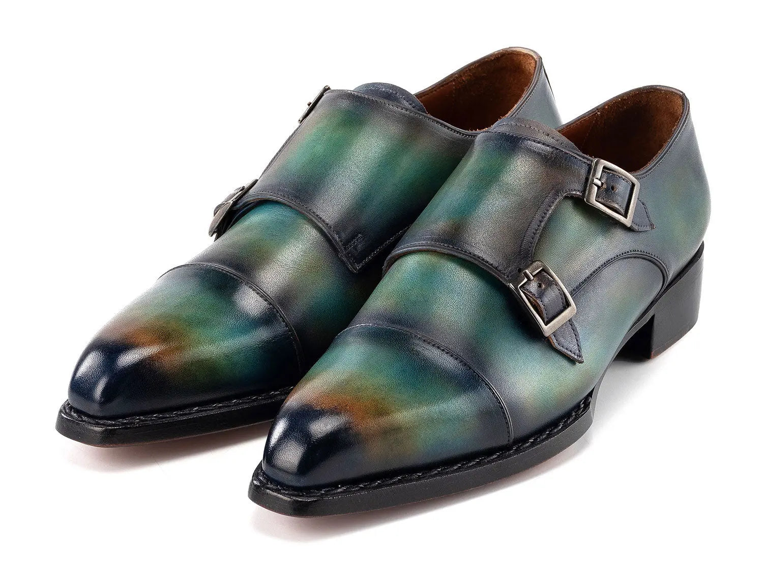 Paul Parkman Men's Green/Blue Patina Cap Toe Double Monk strap Shoes (ID#2598-5BG) PAUL PARKMAN