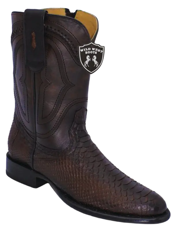 Wild West 269IZN5707 Men's Nubuck Brown Genuine Python Roper Toe Cowboy Boots