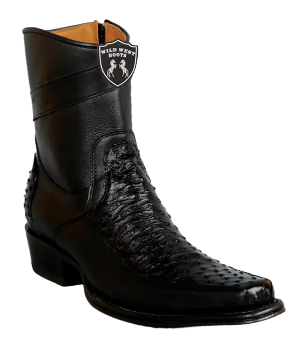 Wild West 277BFI0305 Women's Black Genuine Ostrich/Leather European Square Toe Ankle Boots Suit Essence