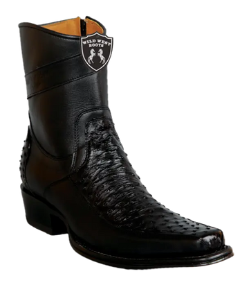 Wild West 277BFI0305 Women's Black Genuine Ostrich/Leather European Square Toe Ankle Boots Suit Essence