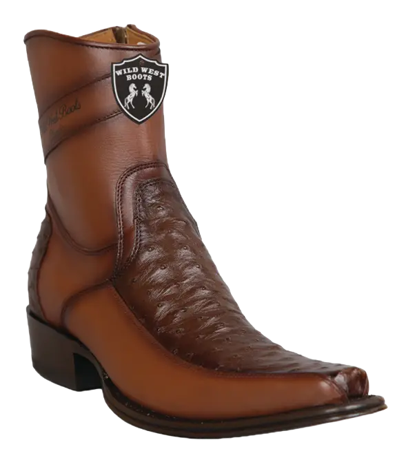 Wild West 277BFI0316 Women's Faded Brown Genuine Ostrich/Leather European Square Toe Ankle Boots Suit Essence