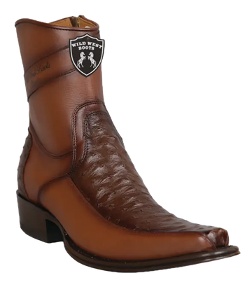 Wild West 277BFI0316 Women's Faded Brown Genuine Ostrich/Leather European Square Toe Ankle Boots Suit Essence