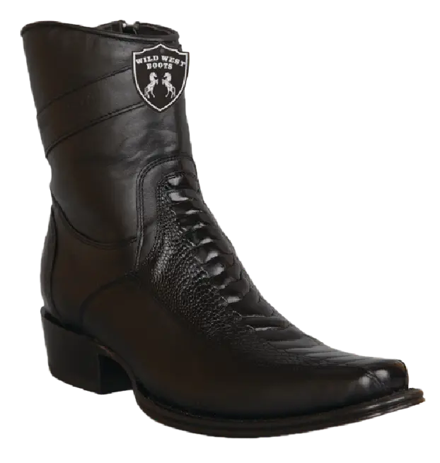 Wild West 277BFI0505 Women's Black Genuine Ostrich Leg/Leather European Square Toe Ankle Boots