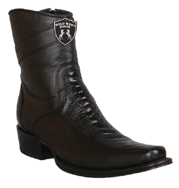 Wild West 277BFI0505 Women's Black Genuine Ostrich Leg/Leather European Square Toe Ankle Boots