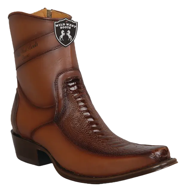 Wild West 277BFI0516 Women's Faded Brown Genuine Ostrich Leg/Leather European Square Toe Ankle Boots