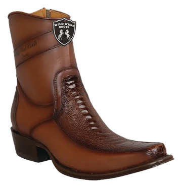 Wild West 277BFI0516 Women's Faded Brown Genuine Ostrich Leg/Leather European Square Toe Ankle Boots