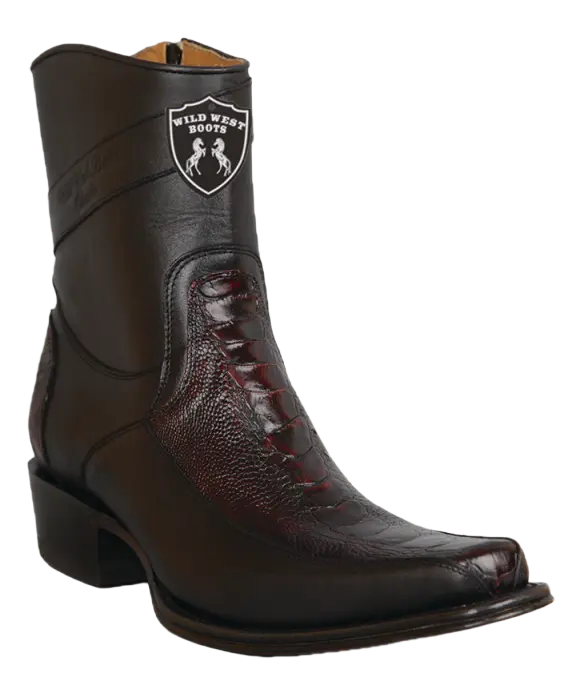 Wild West 277BFI0518 Women's Black Cherry Genuine Ostrich Leg/Leather European Square Toe Ankle Boots