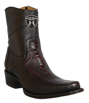Wild West 277BFI0518 Women's Black Cherry Genuine Ostrich Leg/Leather European Square Toe Ankle Boots
