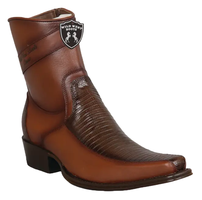 Wild West 277BFI0716 Women's Faded Brown Genuine Teju Lizard/Leather European Square Toe Ankle Boots