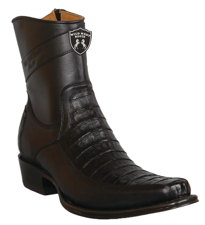 Wild West 277BFI8205 Women's Black Genuine Caiman Crocodile Belly/Leather European Square Toe Ankle Boots Suit Essence