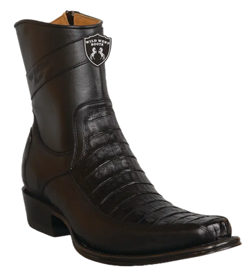 Wild West 277BFI8205 Women's Black Genuine Caiman Crocodile Belly/Leather European Square Toe Ankle Boots Suit Essence