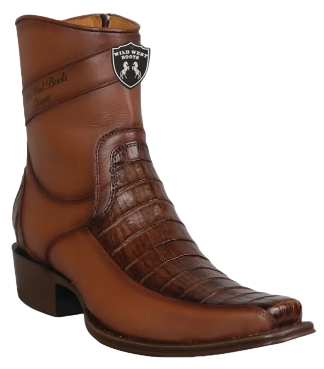 Wild West 277BFI8216 Women's Faded Brown Genuine Caiman Crocodile Belly/Leather European Square Toe Ankle Boots Suit Essence
