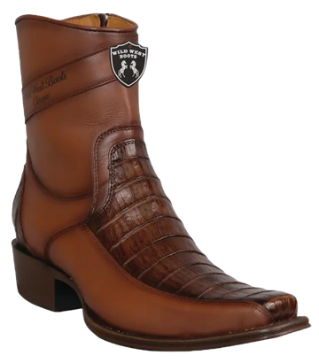 Wild West 277BFI8216 Women's Faded Brown Genuine Caiman Crocodile Belly/Leather European Square Toe Ankle Boots Suit Essence