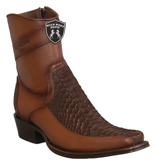 Wild West 277BFIN5707 Women's Nubuck Brown Genuine Python/Leather European Square Toe Ankle Boots