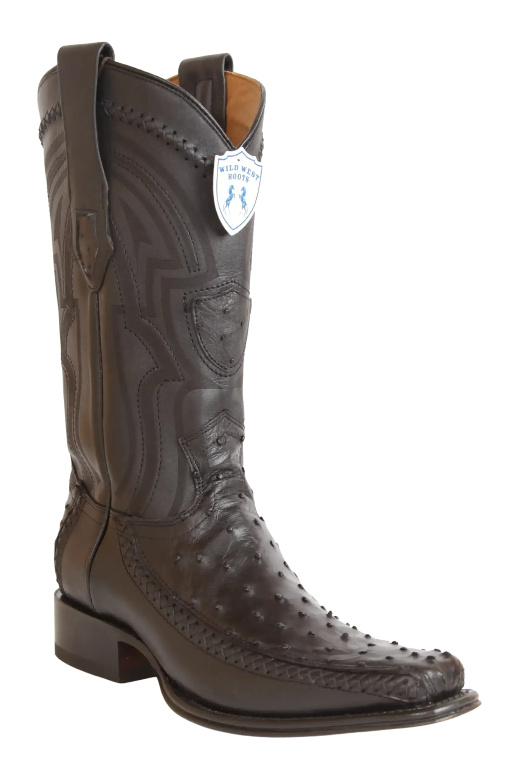 Wild West 277LFI0305 Men's Black Genuine Ostrich/Deer European Square Toe Cowboy Boots