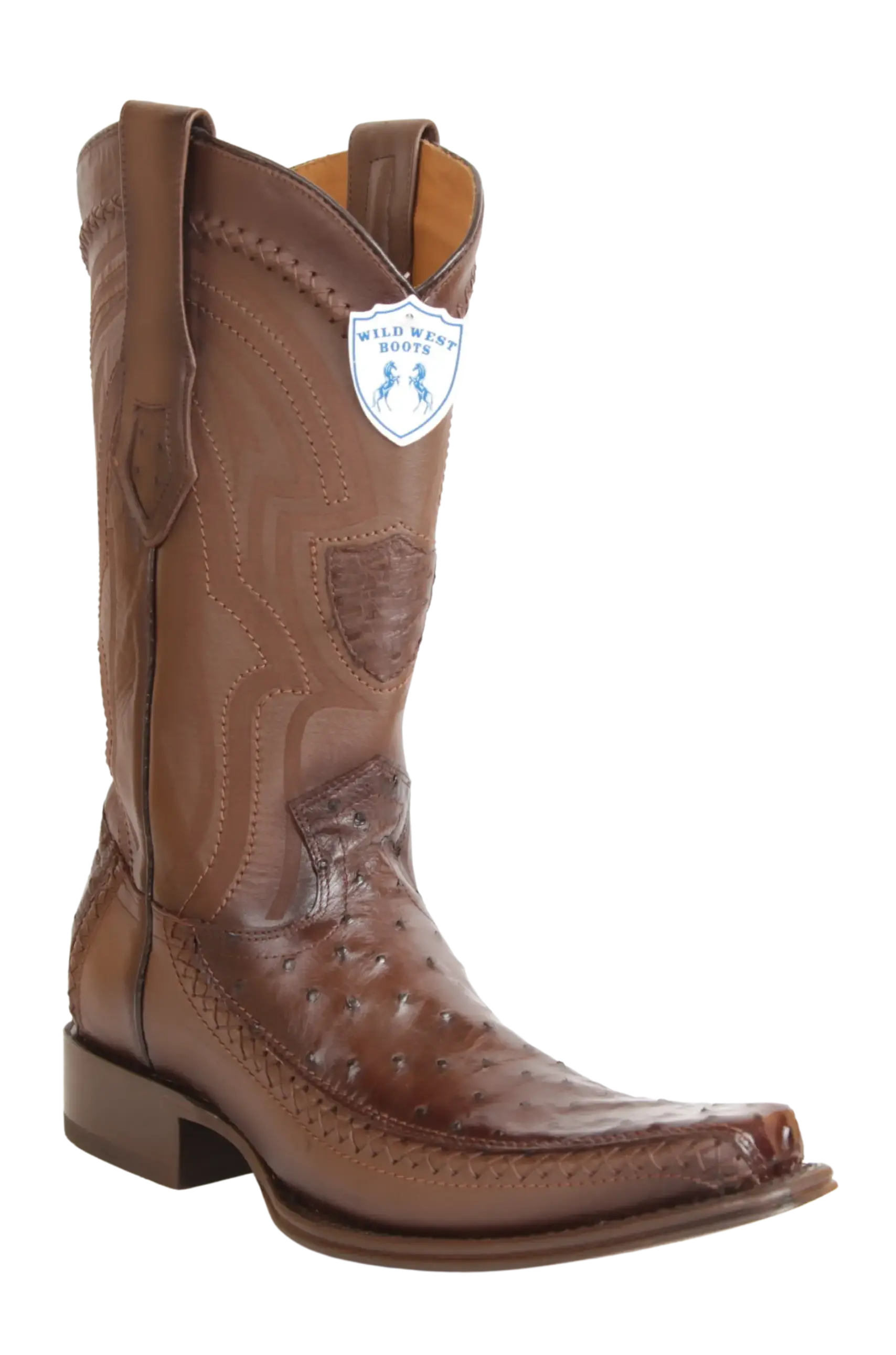 Wild West 277LFI0316 Men's Faded Brown Genuine Ostrich/Deer European Square Toe Cowboy Boots