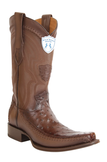 Wild West 277LFI0316 Men's Faded Brown Genuine Ostrich/Deer European Square Toe Cowboy Boots