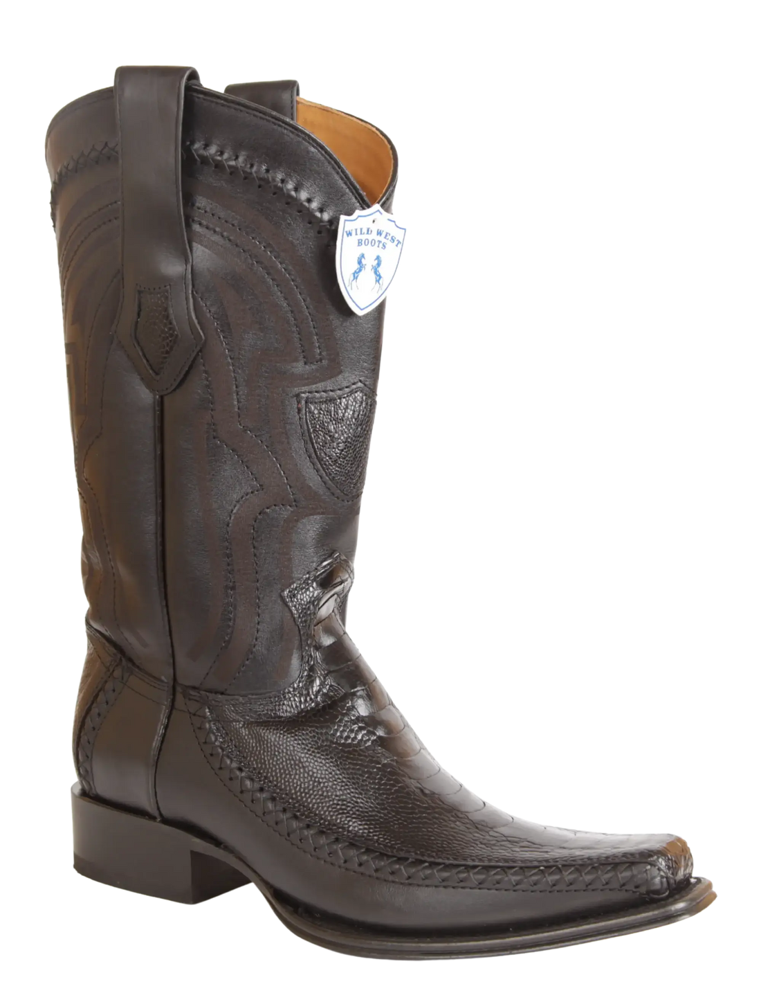 Wild West 277LFI0505 Men's Black Genuine Ostrich Leg/Deer European Square Toe Cowboy Boots