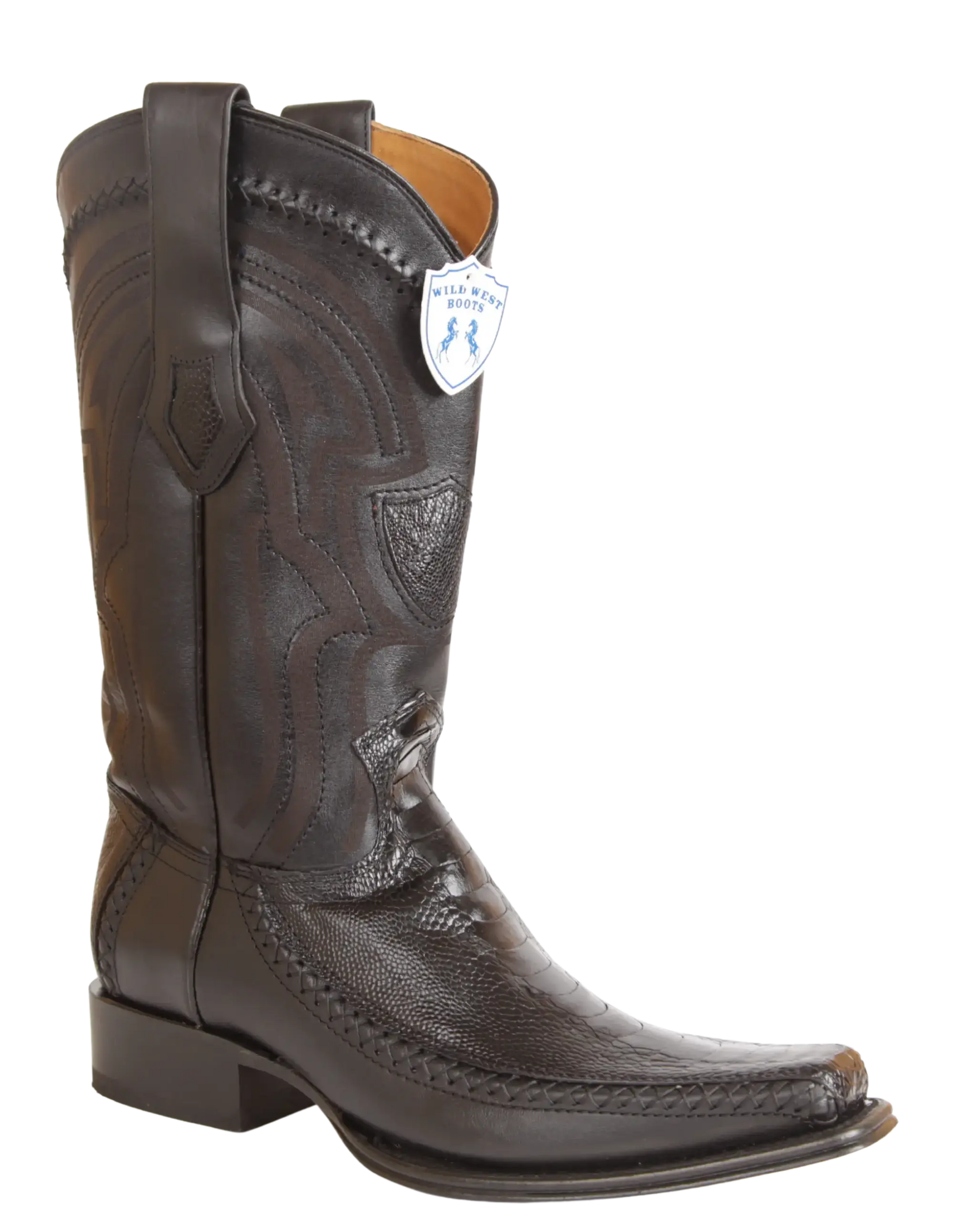 Wild West 277LFI0505 Men's Black Genuine Ostrich Leg/Deer European Square Toe Cowboy Boots