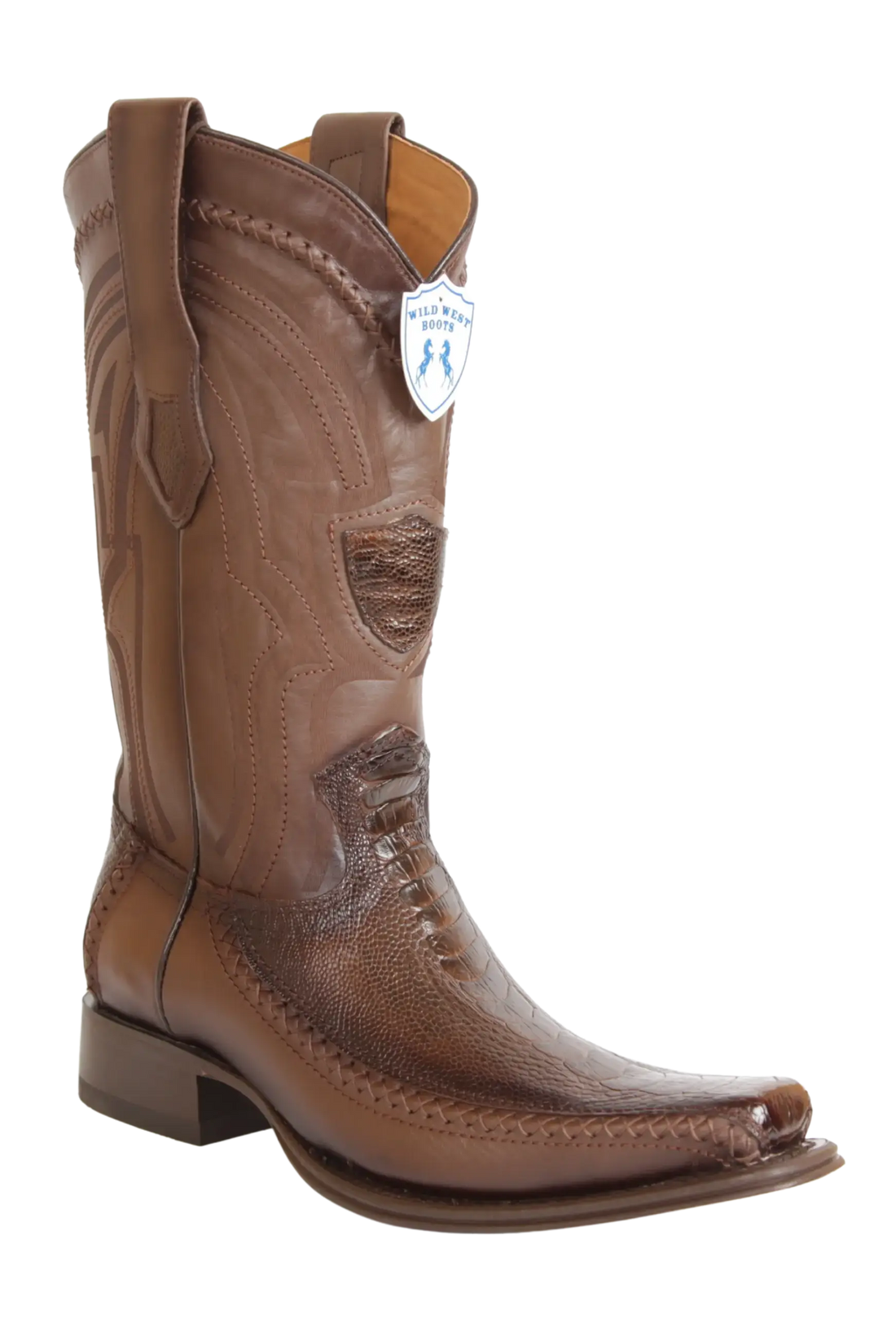 Wild West 277LFI0516 Men's Faded Brown Genuine Ostrich Leg/Deer European Square Toe Cowboy Boots