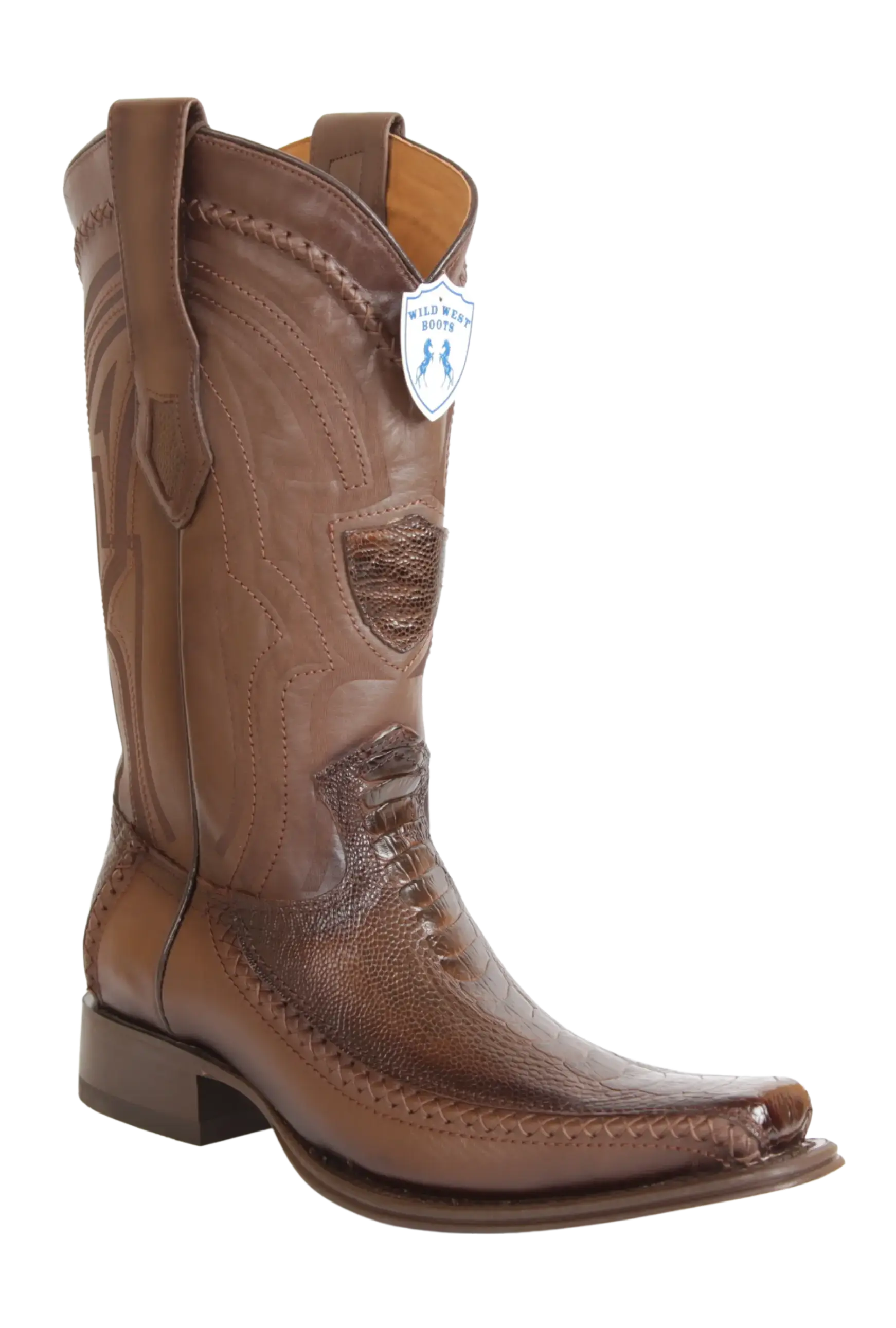 Wild West 277LFI0516 Men's Faded Brown Genuine Ostrich Leg/Deer European Square Toe Cowboy Boots
