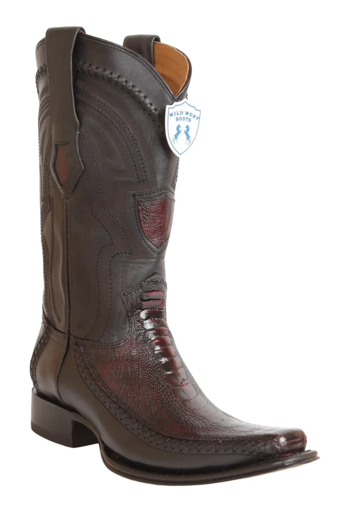 Wild West 277LFI0518 Men's Black Cherry Genuine Ostrich Leg/Deer European Square Toe Cowboy Boots