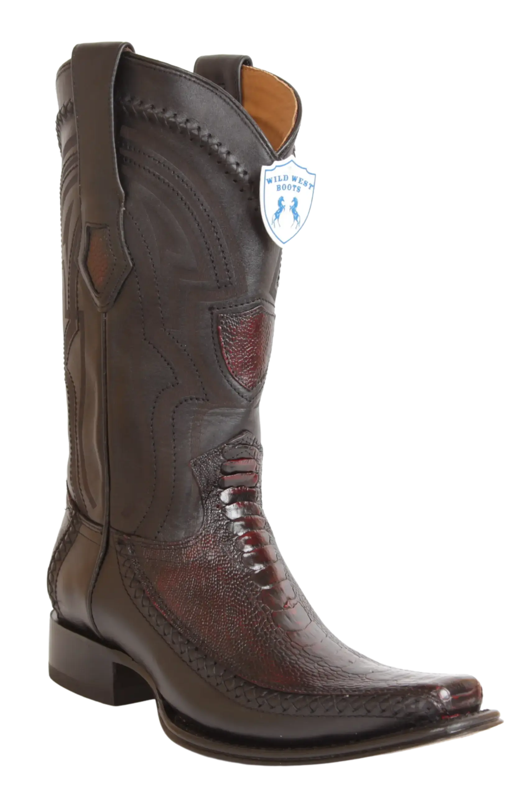 Wild West 277LFI0518 Men's Black Cherry Genuine Ostrich Leg/Deer European Square Toe Cowboy Boots