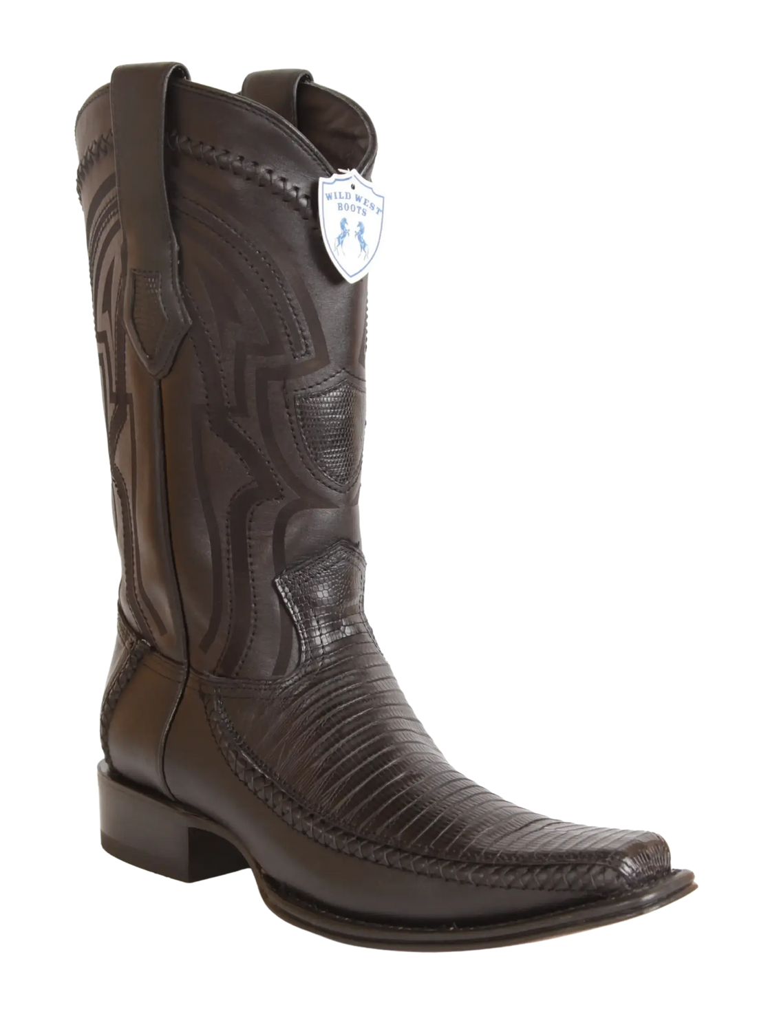 Wild West 277LFI0705 Men's Black Genuine Teju Lizard/Deer European Square Toe Cowboy Boots