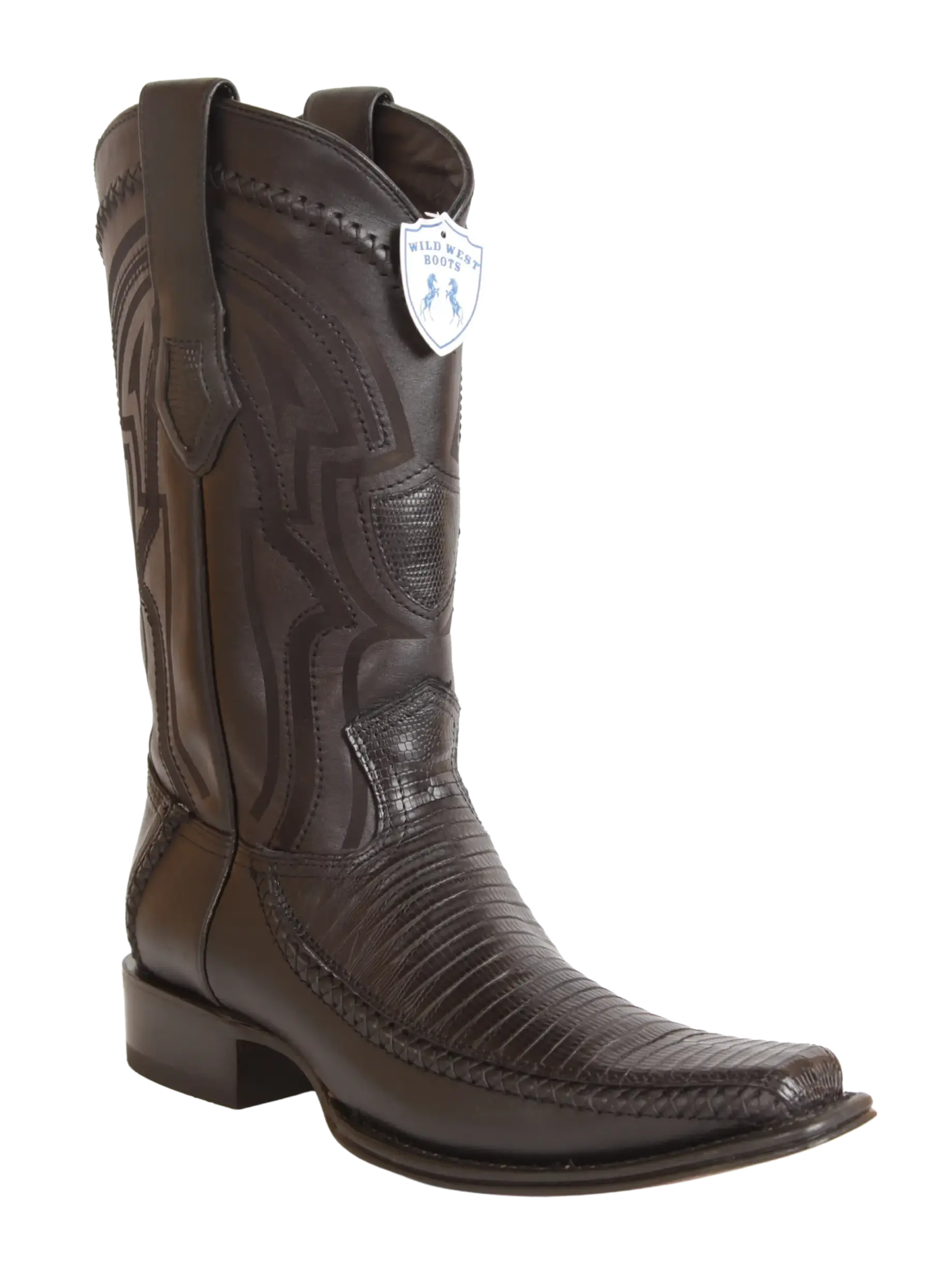 Wild West 277LFI0705 Men's Black Genuine Teju Lizard/Deer European Square Toe Cowboy Boots