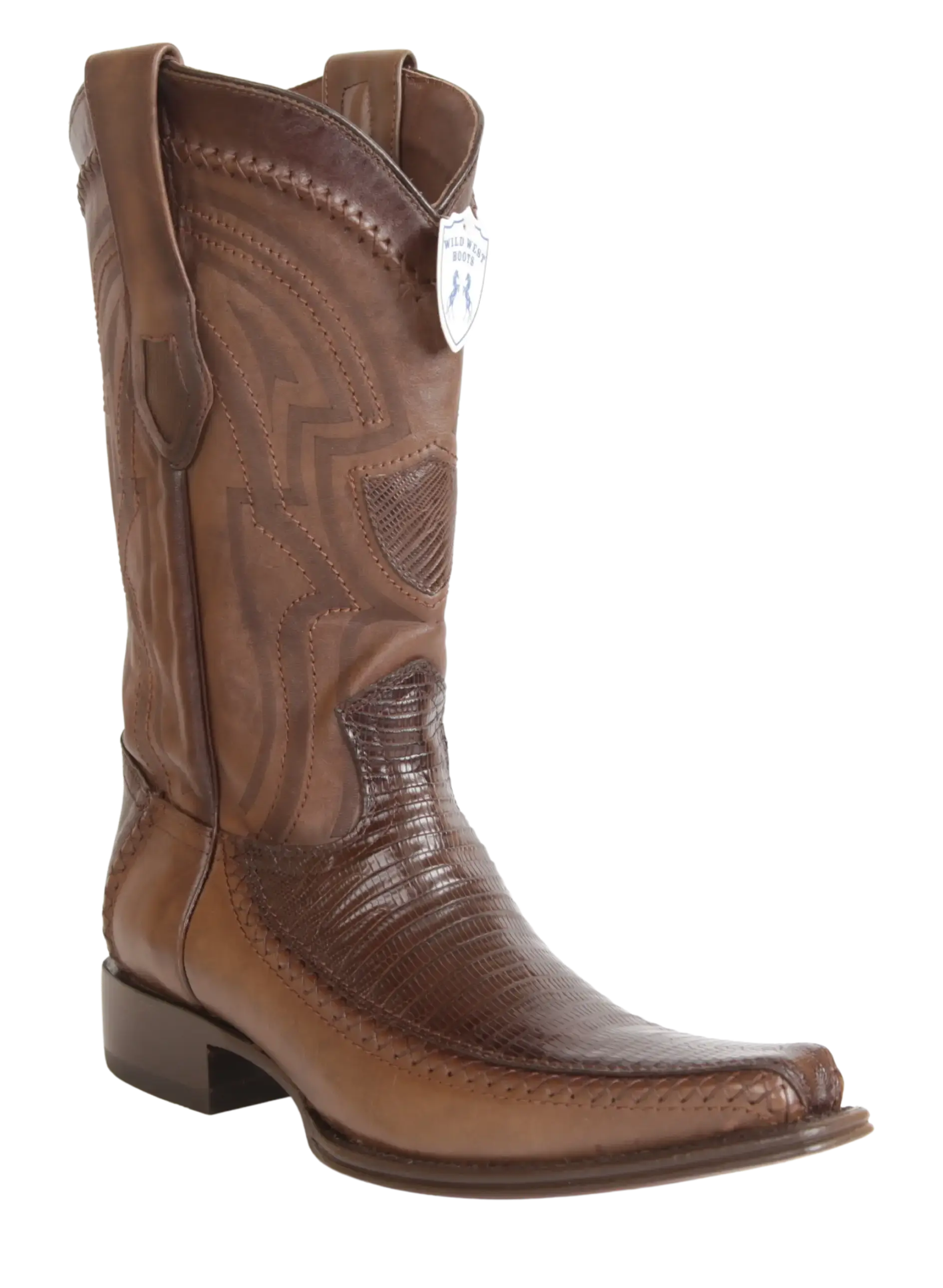 Wild West 277LFI0716 Men's Faded Brown Genuine Teju Lizard/Deer European Square Toe Cowboy Boots