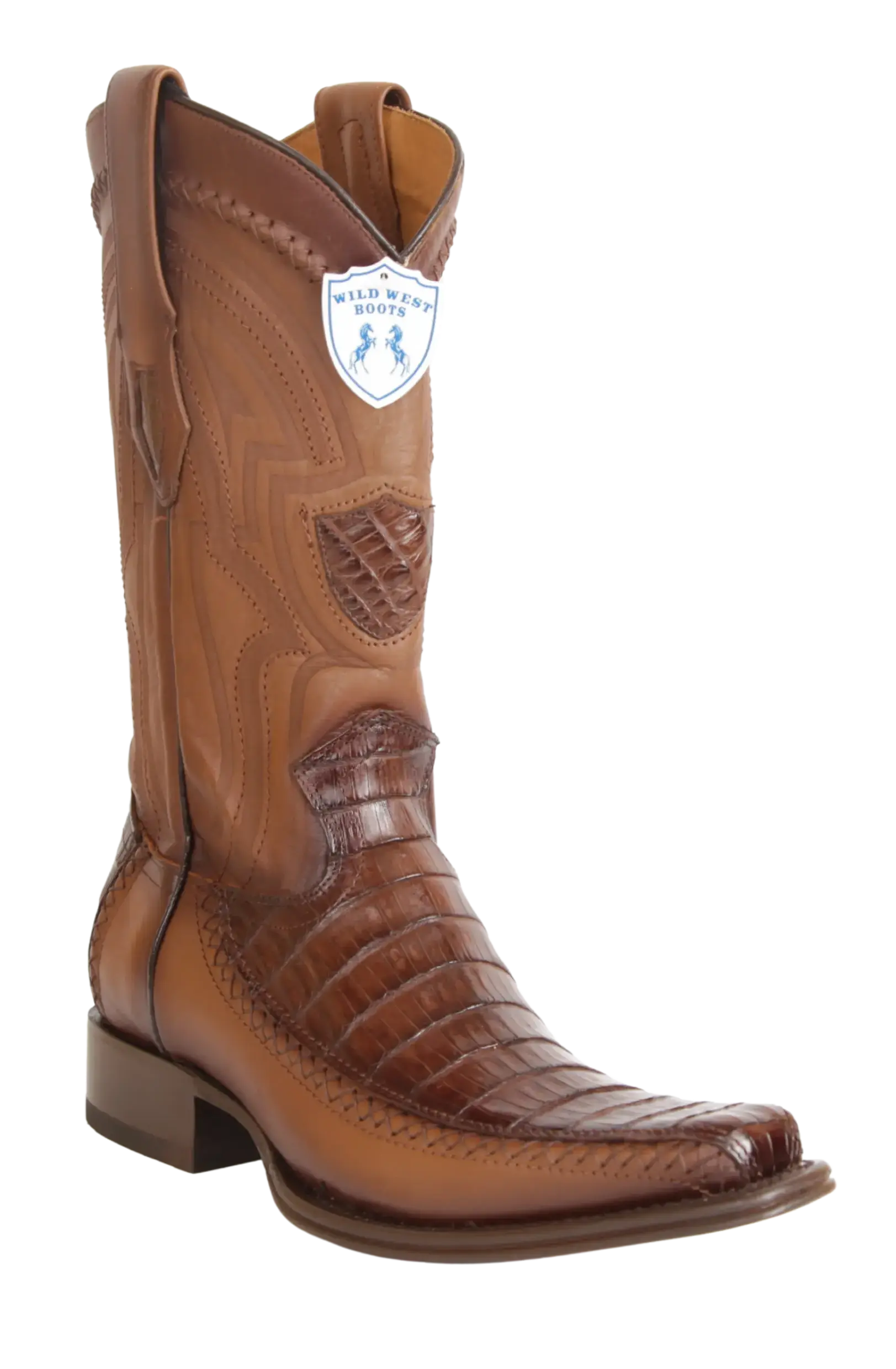 Wild West 277LFI8216 Men's Faded Brown Genuine Caiman Crocodile Belly/Deer European Square Toe Cowboy Boots