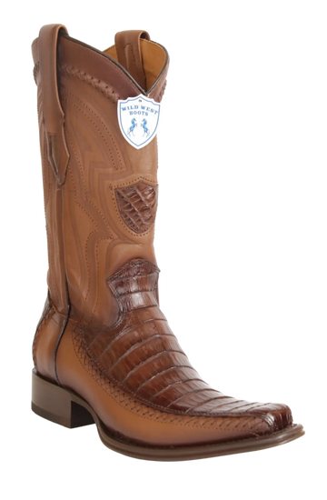 Wild West 277LFI8216 Men's Faded Brown Genuine Caiman Crocodile Belly/Deer European Square Toe Cowboy Boots