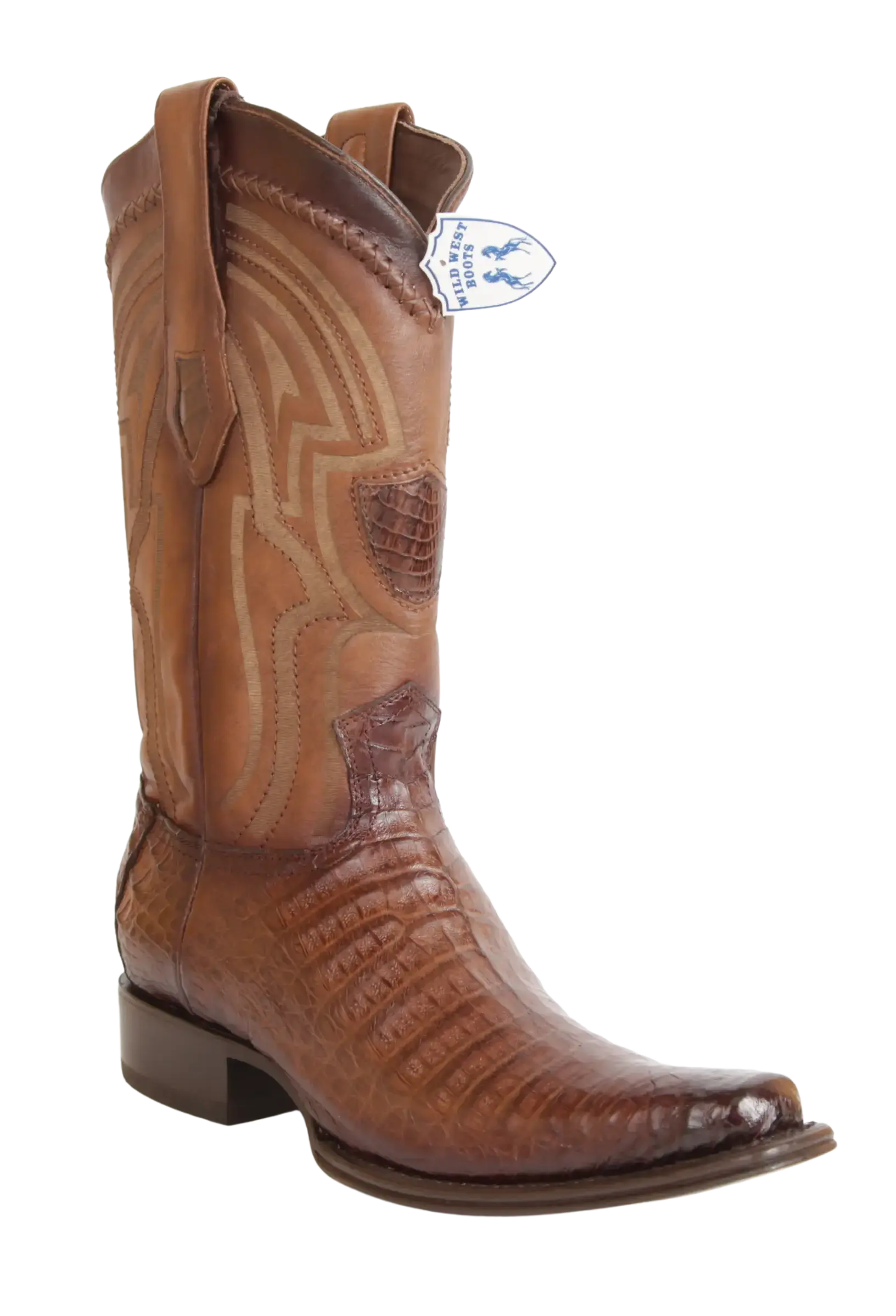Wild West 277LI8216 Men's Faded Brown Genuine Caiman Crocodile Belly European Square Toe Cowboy Boots