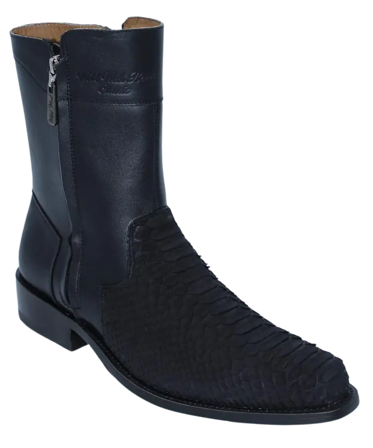 Wild West 278B2N5705 Women's Nubuck Black Genuine Python Low Shaft Round Toe Boots Suit Essence