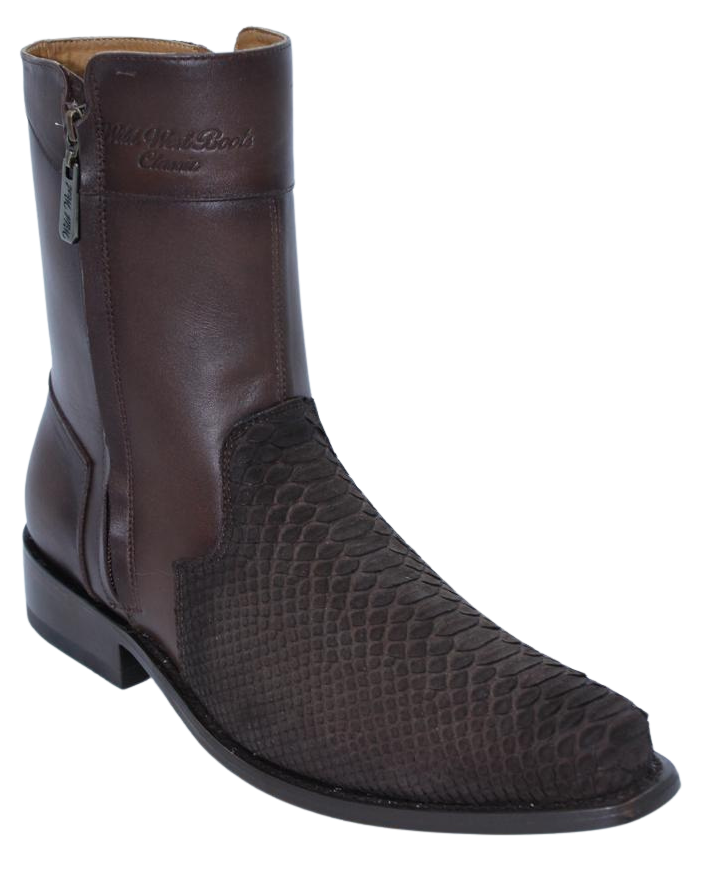 Wild West 278B2N5716 Women's Nubuck Faded Brown Genuine Python Low Shaft Round Toe Boots Suit Essence