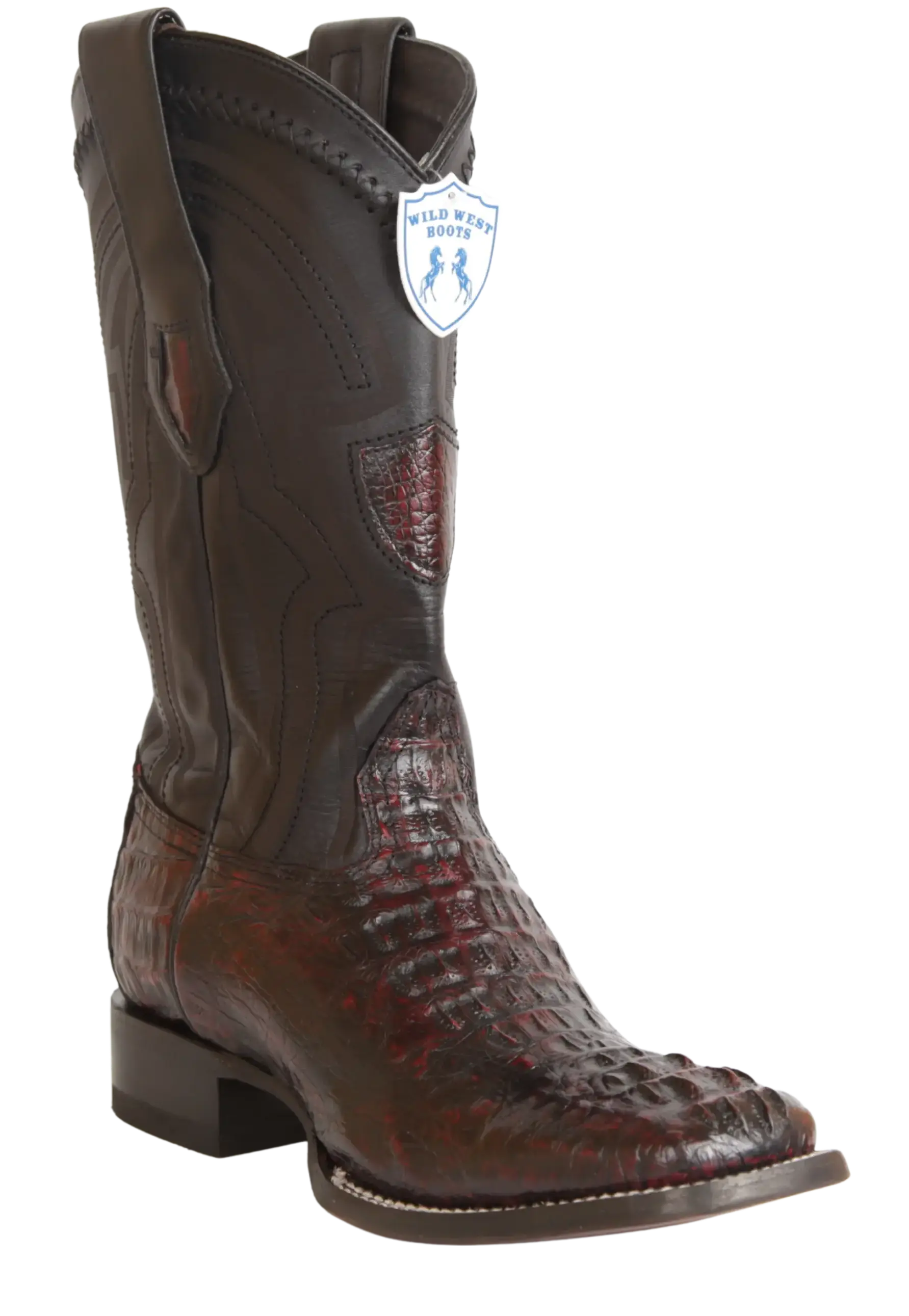 Wild West 2824L0218 Men's Black Cherry Genuine Caiman Crocodile Hornback Ranch Toe Cowboy Boots