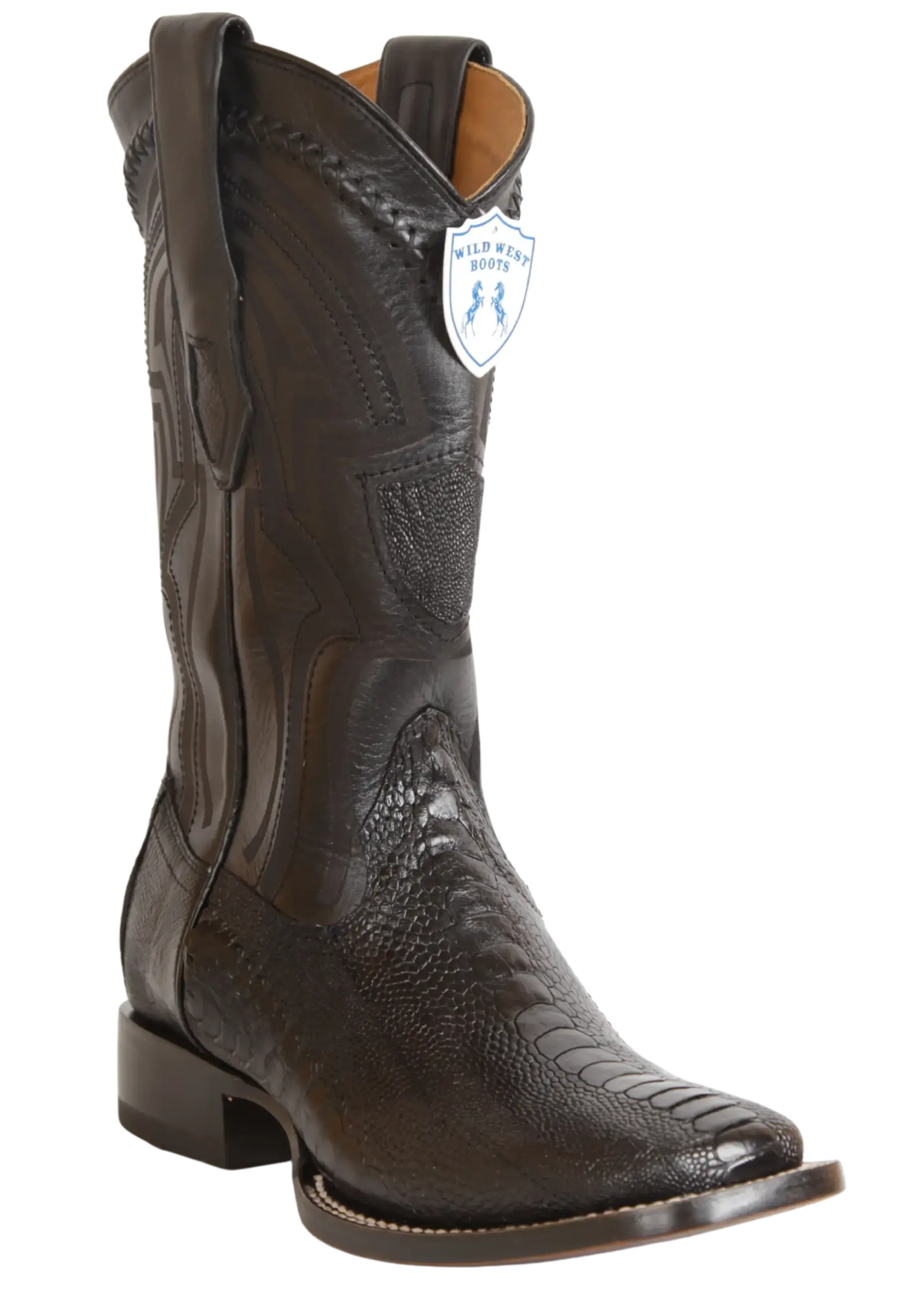 Wild West 2824L0505 Men's Black Genuine Ostrich Leg Ranch Toe Cowboy Boots
