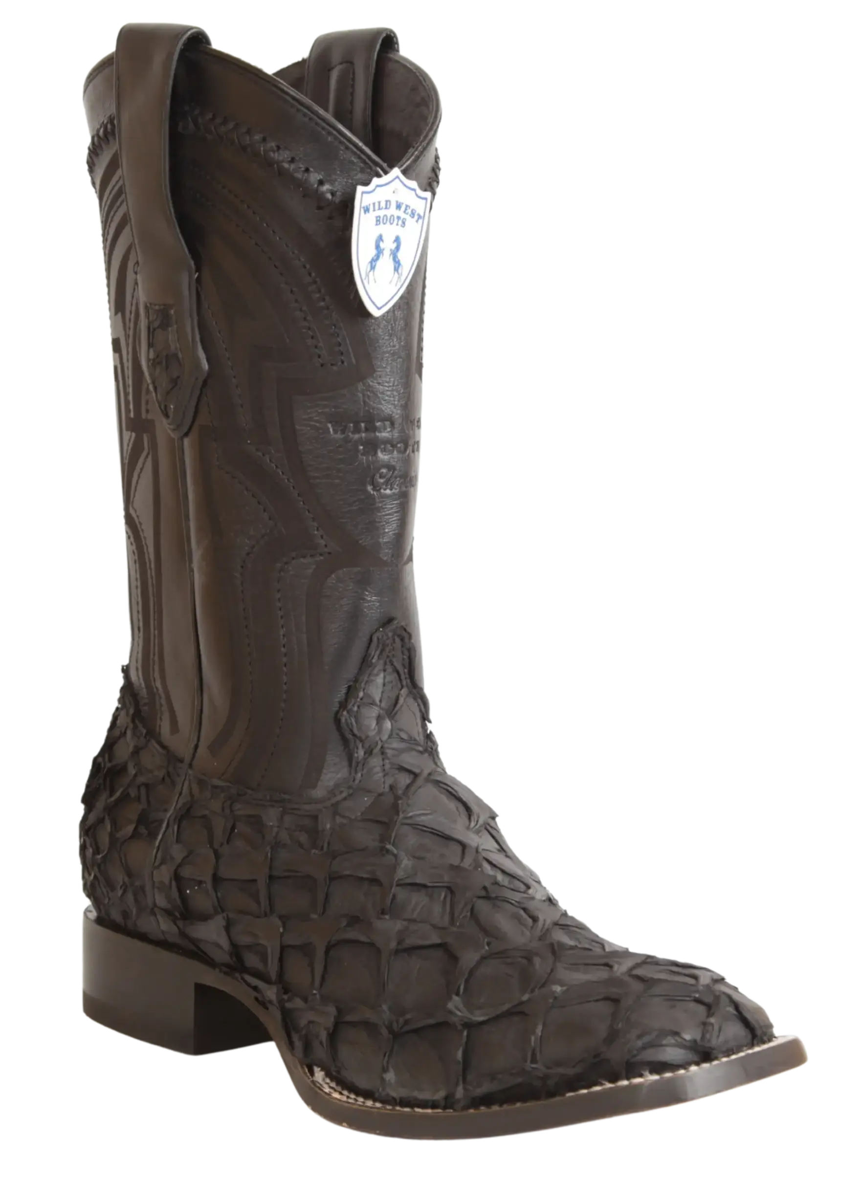 Wild West 2824L1069 Men's Matte Black Genuine Pirarucu Ranch Toe Cowboy Boots