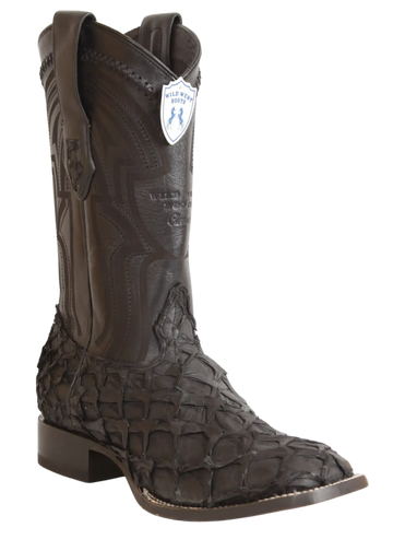 Wild West 2824L1069 Men's Matte Black Genuine Pirarucu Ranch Toe Cowboy Boots