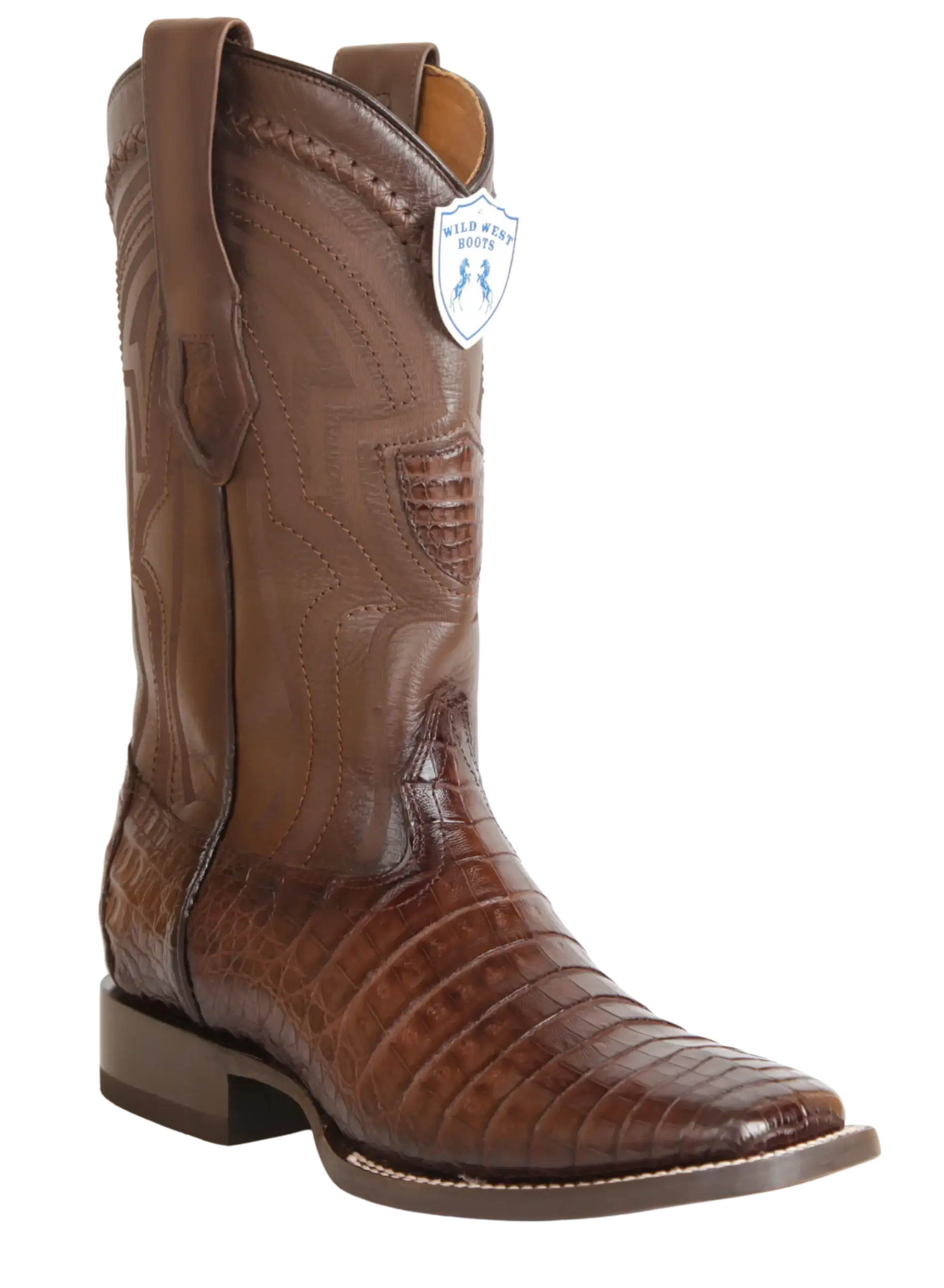 Wild West 2824L8216 Men's Faded Brown Genuine Caiman Crocodile Belly Ranch Toe Cowboy Boots