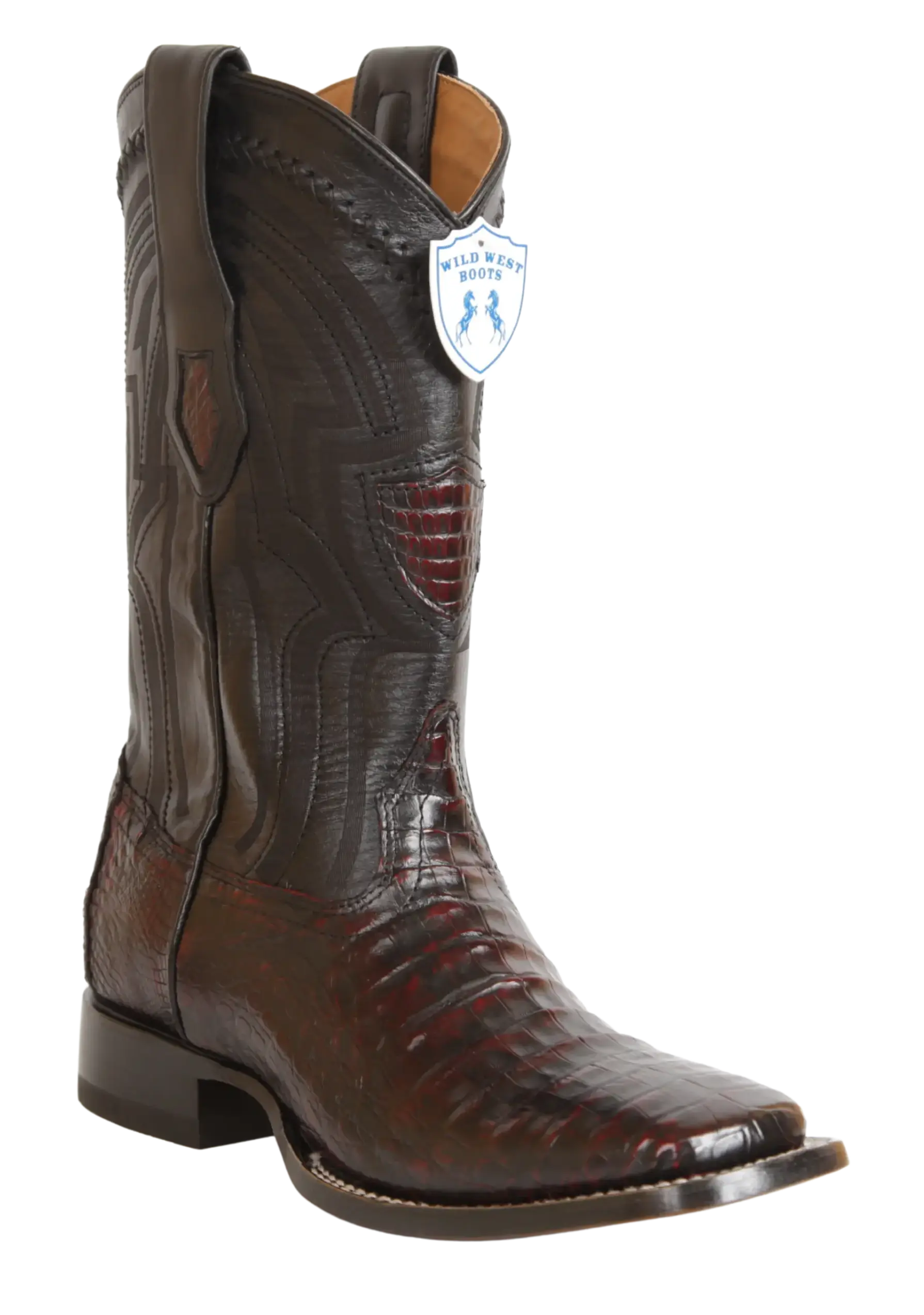 Wild West 2824L8218 Men's Black Cherry Genuine Caiman Crocodile Belly Ranch Toe Cowboy Boots
