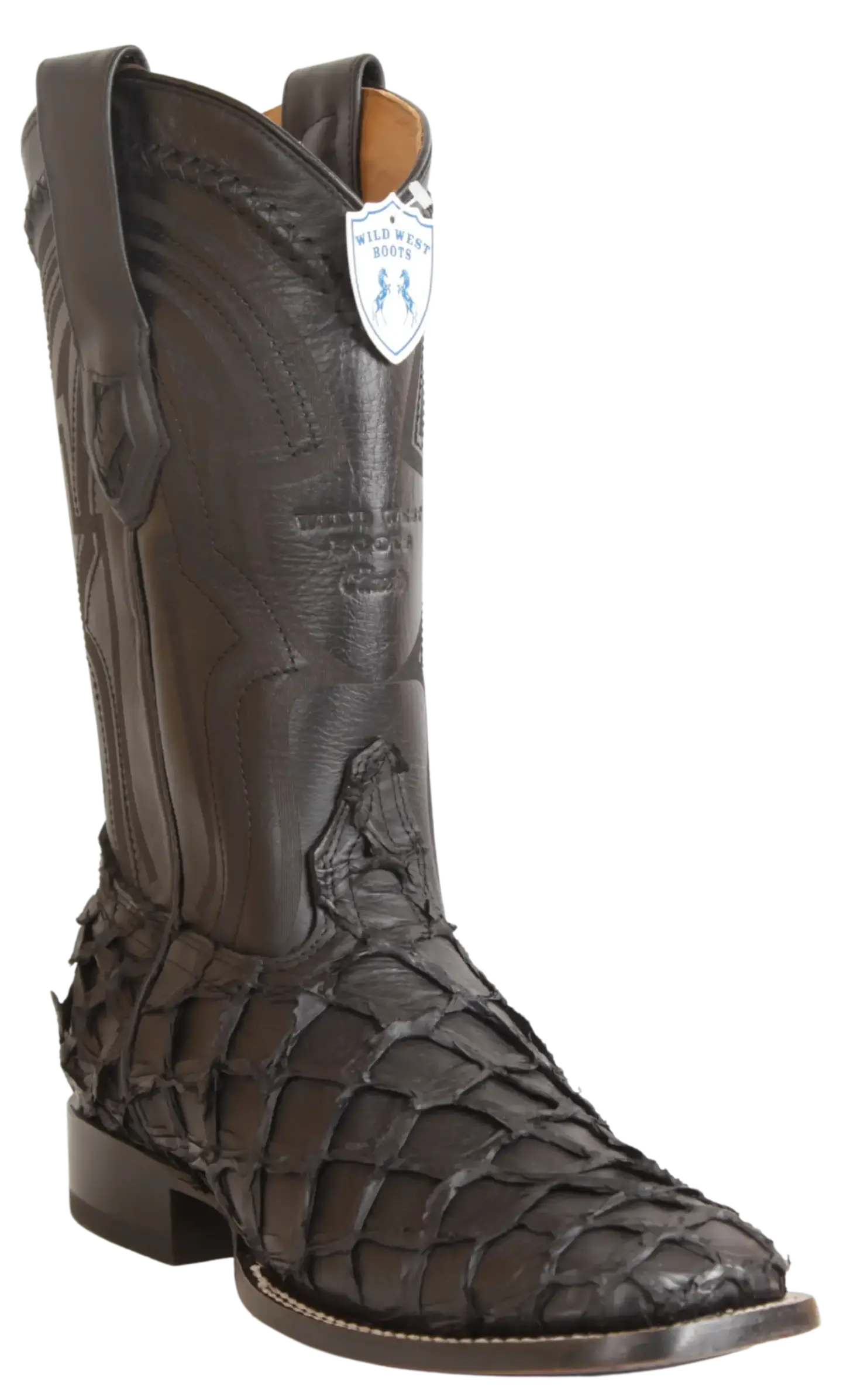 Wild West 284LH1069 Men's Matte Black Genuine Pirarucu Ranch Toe Cowboy Boots